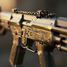 cyberpunk rifle, muzzle close up, atmospheric lighting, painted, intricate, golden hour, ultra detailed by peter gric, giger, enki bilal