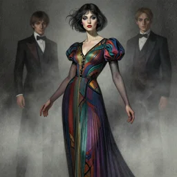 portrait of women like reol in pleated gothic dress, colorful, modern art deco, mads berg, karolis strautniekas, christopher balaskas, stippled light, fog, moody, fine texture, editorial illustration, dramatic lighting, dynamic composition, detailed, matte print, dynamic perspective, muted color, anime visual