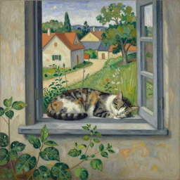 sleeping cat on window, inside house in village, plants, divisionism style