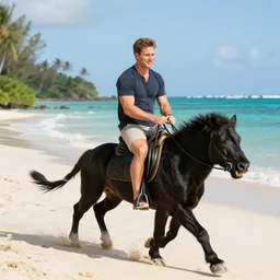 john mcafee riding a black panther on a tropical beach