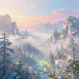 highly detailed holographic iridescent glowing ethereal sci fi world with forests, mountains, fog at dusk, by gilbert williams, by simon stalenhag, by beeple, by bruce pennington, by moebius, octane render, with many different pastel shades of blue pink orange yellow green, beautiful prismatic volumetric lighting