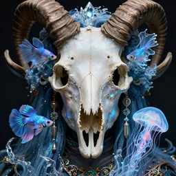 classical dicroic goddess macro close - up portrait with mask made of ram skull. betta fish, jellyfish phoenix, bioluminiscent, plasma, ice, water, wind, creature, super intricate ornaments artwork by tooth wu and wlop and beeple and greg rutkowski