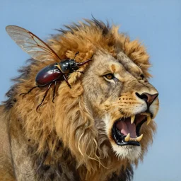 detail - rich digital art illustration of a roaring lion that has the body of a european stag beetle and is provided on its back with fly wings, close - up, detailed oil painting, blue sky background