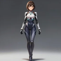 beautiful anime robot girl in a form-fitting cybernetic suit, alluring pose, hourglass slim figure, attractive features, full body portrait, happy smile, highly detailed, digital painting, artstation, concept art, sharp focus, illustration, art by artgerm and greg rutkowski and alphonse mucha