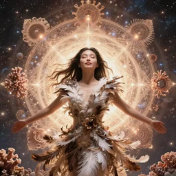 ecstatic beautiful young asian woman by irakli nadar, feathers, several layers of 3 d coral and light fractals radiating behind with sacred geometry, cosmic, natural, awakening, symmetrical, in the style of ernst haeckel and alex grey, effervescent, warm, photo realistic, epic and cinematic