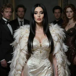 portrait painting of a beautiful monica bellucci with a kind face wearing a feathered cloak and a fancy silk white dress, seductive, ultra realistic, concept art, intricate details, eerie, highly detailed, photorealistic, octane render, 8 k, unreal engine. art by artgerm and greg rutkowski and charlie bowater and magali villeneuve and alphonse mucha