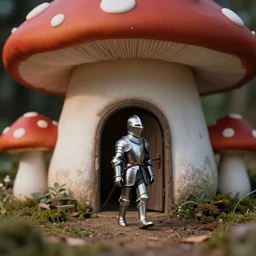 outdoors, a tiny human knight in armor walks out of a cute mushroom cottage, anamorphic, dramatic lighting, professional macro photography, kodak ektar film