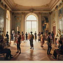 forbidding afrofuturism by patrick caulfield, by michael cheval. a beautiful print of a large room with many people in it. there is a lot of activity going on, with people talking & moving around. the room is ornately decorated & there is a large window at one end.
