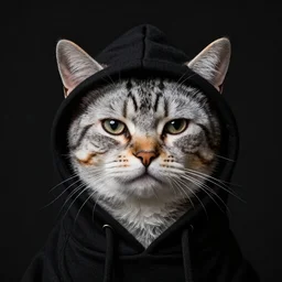 a close up sad cat wearing a black hoodie, black hat, studio potrait, dramatic lighting, black background, highly detailed