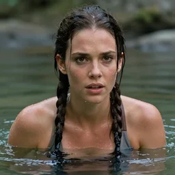 film still of lara croft, close up, drenched body, wet dripping hair, emerging from the water