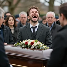 a man laughing hysterically at a funeral while everyone looks at him