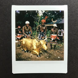 Polaroid Photo of Papua Nova Guine habitants worshipping a golden calf