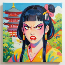 acrylic painting of a bizarre psychedelic angry woman in japan in summertime, mixed media collage by basquiat and jackson pollock, maximalist magazine collage art, retro psychedelic illustration