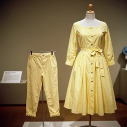 the film still photographed image is a vintage casual leisure wear from the 1 9 5 0 s. the ensemble is inspired by yellow princess aesthetic. it is displayed on a mannequin in a museum exhibit.