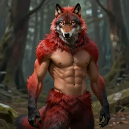 full figure portrait of a beautiful young fit male werewolf, wolf head, partially male hairy torso, fur covered legs, by greg rutkowski and alphonse mucha, d & d character, gradient red to black, in front of a forest background, highly detailed portrait, digital painting, artstation, concept art, smooth, sharp focus ilustration, artstation hq