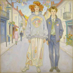painting by martine johanna of 2 5 yo hunter schafer wearing a hoodie standing in a township street in the style of alphonse mucha, street clothing, haute couture! fashion!, full figure painting by tom bagshaw, tara mcpherson, david choe, decorative flowers, detailed painterly impasto brushwork, pastel color palette, die antwoord