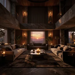 videogame screenshot of a very dark dreamy luxury maximalist living room, candlelight, sunset glow, dark shadows, wood concrete marble finishes, octane render, volumetric lighting, raytracing, symmetrical wide shot low angle