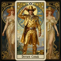 a dramatic ethereal epic symmetrical painting of a handsome cowboy in a golden outfit | tarot card, art deco, art nouveau,  (steampunk), homoerotic, realistic | by Dresden Codak, by Mark Maggiori and ((((Alphonse Mucha))) | trending on artstation