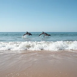 first person view of breaking waves on the shore, summer, clear beautiful sky, bright sky, dolphins 🐬 jumping and playing near the shore, peaceful, amazing, by andreas rocha and john howe, and Martin Johnson Heade, featured on artstation, featured on behance, golden ratio, ultrawide angle, f32, well composed