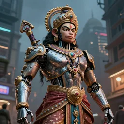 high quality 3 d render cyborg hanuman! madhubani, highly detailed, cyberpunk!! mumbai in the background, unreal engine cinematic smooth, szukalski charlie immer, moody light, low angle, uhd 8 k, sharp focus