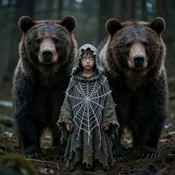 character and environment photography, portrait mystical 2 0 - year - old male druid, tattered spiderweb hood and robe, reflective eyes, infested bear standing, medium shot, wide angle, 2 0 0 px, low key