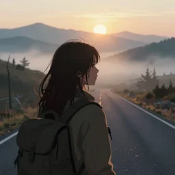 ranger girl, back view, close up, beautiful, atmosphere, vibe, mist, road, sunrise, muntains in the distance, concept art illustration, color page, tone mapping, akihiko yoshida, james jean, andrei riabovitchev, marc simonetti, digital illustration, greg rutowski, volumetric lighting, sunbeams, particles