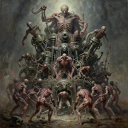 oil paint of 1 1 flayed god medical gangrene machines in tiers, dethroning melee, pit, by shigeru komatsuzaki, wayne d barlowe, stefano tamburini, narrative light, muted colors, epic, hyper detailed, awe inspiring, award winning horror, narrative lighting, hyper realism, cinematical
