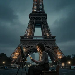 dramatic lighting scene of a female artist in 2 0 5 0 future eiffel tower. moody and melancholy. with a little bit of lens flare. digital art by beeple