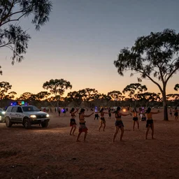 dancers at festival in the desert, on the edge of a forest, doof, clean, celebration, party, night time australian outback, XF IQ4, 150MP, 50mm, F1.4, ISO 200, 1/160s, sunset