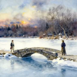 watercolor of frozen lake, stone bridge, art by anders zorn, wonderful masterpiece by greg rutkowski, beautiful cinematic light, american romanticism by greg manchess and ghibli studio, creation by tyler edlin