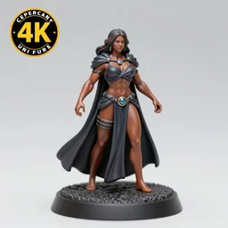 80mm resin detailed miniature of a Very Muscular Queen, long cape, brown skin, long hair, on textured disc base, Company logo in upper left corner; Miniature product Photo, 4K, Full body