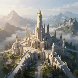 beautiful render of high elf palace, unreal engine, fantasy style, first light, majestic mountains, drone shot, soft light, by greg rutkowski, cgsociety