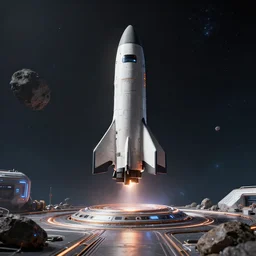 futuristic cruise rocket landing on a platform on an asteroid, Unreal Engine 5 render, perfectly detailed