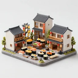 miniature town made of sushi, diorama picture, 5 5 mm, sushitown