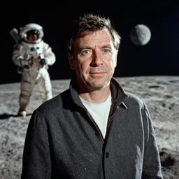 a 1960s portrait photo of Stanley Kubrick on the moon, 8K HD, old photo, highly detailed