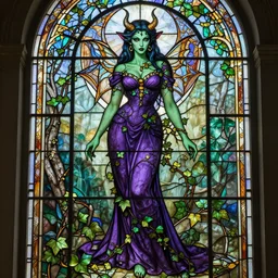 a stunningly detailed full body stained glass window of a beautiful demon dressed as poison ivy with green skin wearing a long floor length purple dress, dark eyeliner, intricate, elegant, highly detailed, digital painting, artstation, concept art, sharp focus, illustration, art by greg rutkowski and alphonse mucha