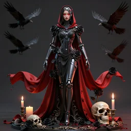 full-body cyberpunk style sculpture of a young beautiful dark priestess, half android with a head opening exposing circuitry, glowing red eyes, black roses,  flowing blood-red colored silk. fabric, candles. baroque elements, human skull. full-length view. baroque element. intricate artwork by caravaggio. crows flying in  background. Trending on artstation, octane render, cinematic lighting from the right, hyper realism, octane render, 8k, depth of field, 3D