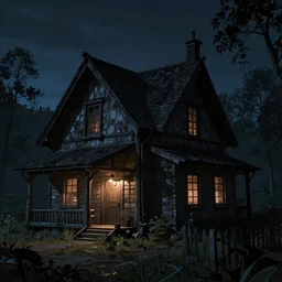 A dark shadowy cottage at night, hyperrealistic, Cryengine 8k UHD