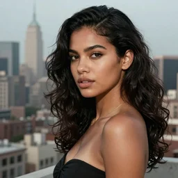 a beautiful woman with dark hair american skin city landscape, 4k, artstation