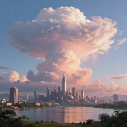 scifi concept art of a futuristic city near to a big lake by greg rutkowski, cumulonimbus clouds, sunset, nostalgic, very very very beautiful art, cinematic lighting, bright pastel color, blue sky