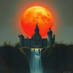 a painting of a dreadful red sun over a castle with a waterfall in front of it. highly detailed, digital painting, watercolor, soviet realism, engraving, artstation, concept art, smooth, sharp focus, vivid grunge, manga, illustration, unreal engine 5, 8 k, art by bilibin and kilian eng and kuvshinov and malevich and mucha. gradient darker
