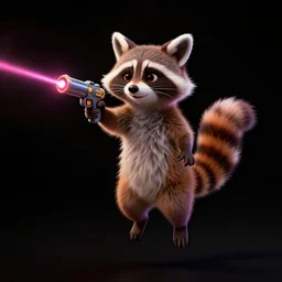 “ racoon in the style of zootopia holding laser gun, floating alone, with a black background, digital art, award winning, trending on art station, retro style ”
