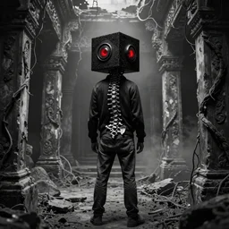 back view of man standing inside ancient rotting template, haze, vines, exposed spinal column, black biomechanical cube helmet, grain, iris van herpen, beksinksi, jean delville, james jean, ornate, black and white, red light