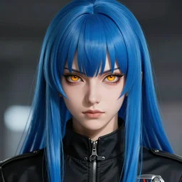 full face shot of rimuru tempest, sky rgb 2 1 ece 6 blue straight hair, long bangs, with amber eyes, wearing a black jacket, high collar, ultra detailed, concept art, award winning photography, digital painting, cinematic, wlop artstation, closeup, pixiv, evil, yoshitaka amano, andy warhol, ilya kuvshinov,
