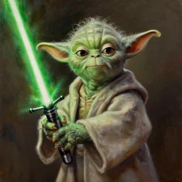 Master Yoda holding a green lightsaber, oil painting, by Greg Rutkowski