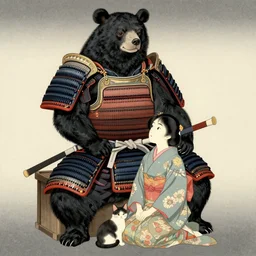 a full body ukiyo-e portrait of a fully armored samurai Asian black bear, playing with a young Japanese girl in a kimono, a cat at the bottom, intricate, elegant, highly detailed, digital painting, artstation, concept art, smooth, sharp focus, illustration, art by Andō Hiroshige