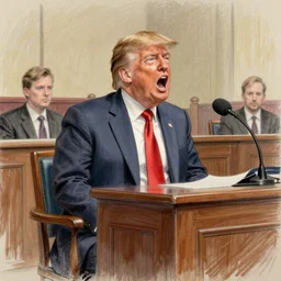 courtroom sketch of donald trump, shouting, pastel drawn by Jane Rosenberg