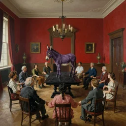 kirchner painting of a red dark big antique room with people in a circle, holding hands, gathered around a black wooden table with a purple donkey standing over it. wide angle lens deformed perspective