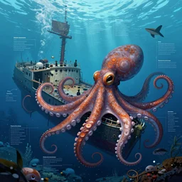 underwater life, sunken ship, great octopus, surreal, infographic, epic fantasy, digital art, concept art, detailed illustration, hd, 4 k, highly saturated colors, digital art, greg rutkowski, mike franchina, trending on artstation