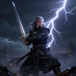 hyper realistic wizard holding a sword that’s pointed towards the sky, getting shocked by lightning, octane, trending on artstation, hyper realistic, highly detailed, 8k